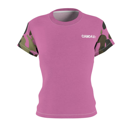 Women's Cut & Sew Tee - Woodland Puzzle Piece Camo - Opt.3 Pink