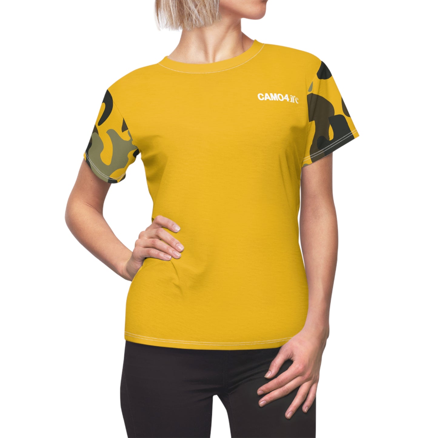 Women's Cut & Sew Tee - Woodland Puzzle Piece Camo - Opt.3 Yellow