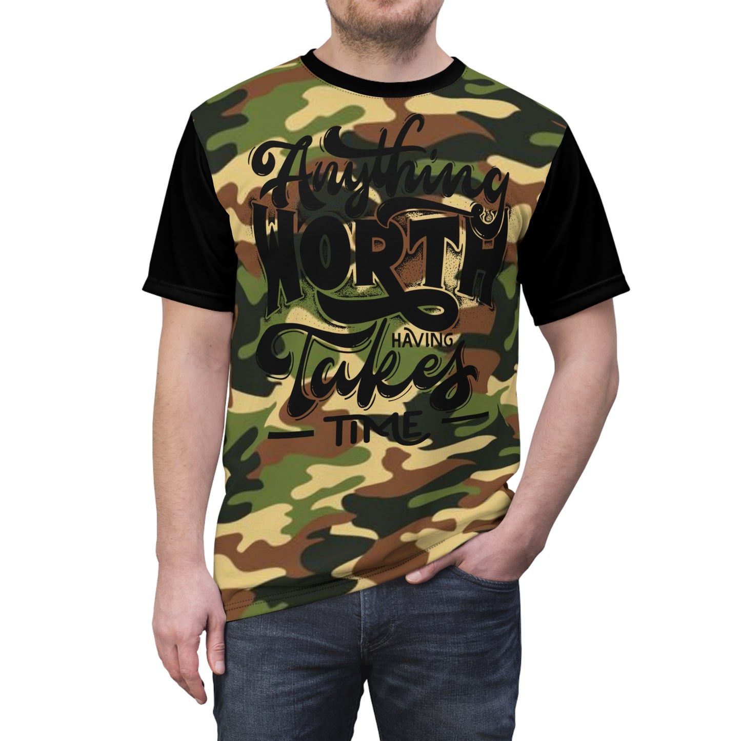 Anything Worth Having - Unisex Cut & Sew Tee - DPM Camo - BLK  Sleeves