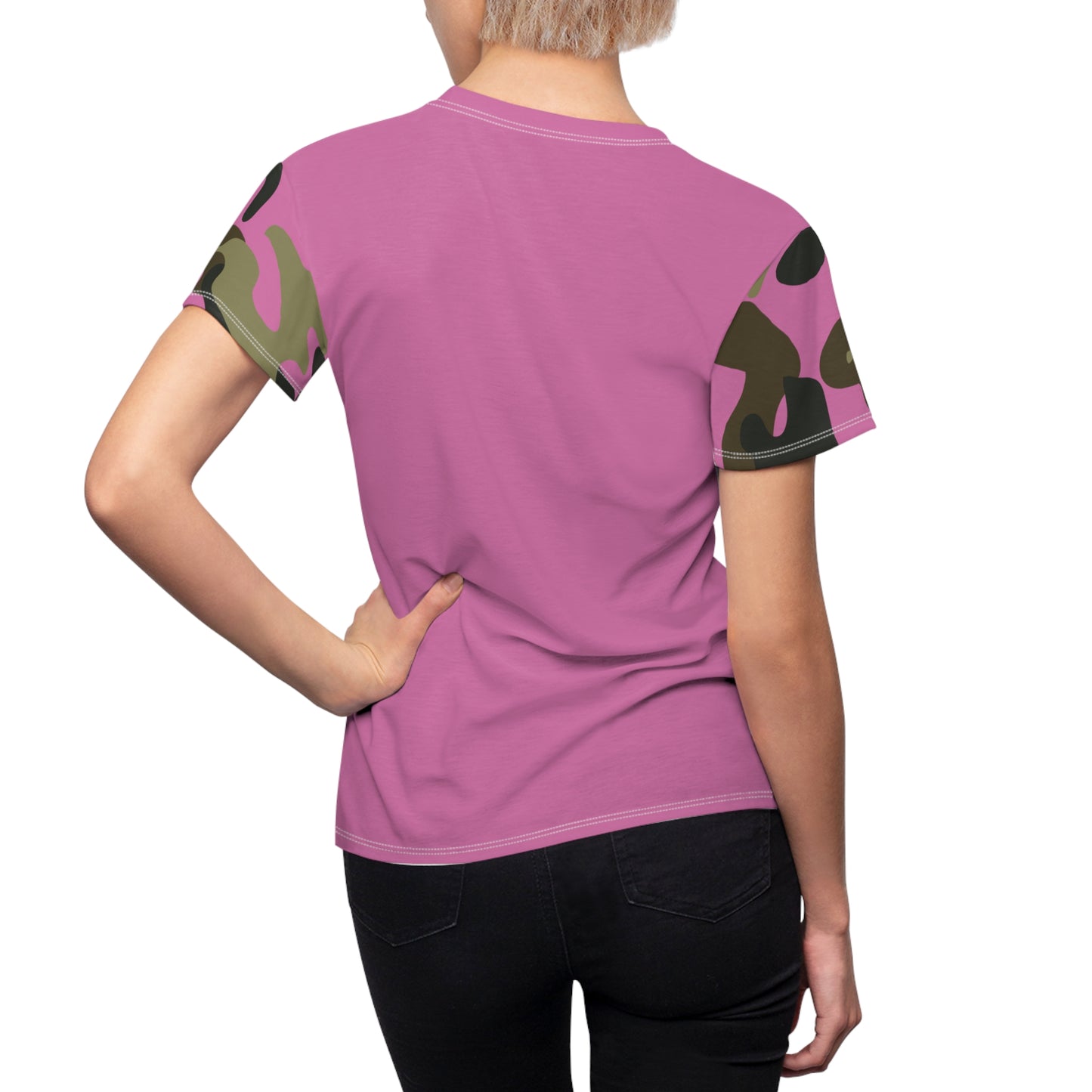 Women's Cut & Sew Tee - Woodland Puzzle Piece Camo - Opt.3 Pink