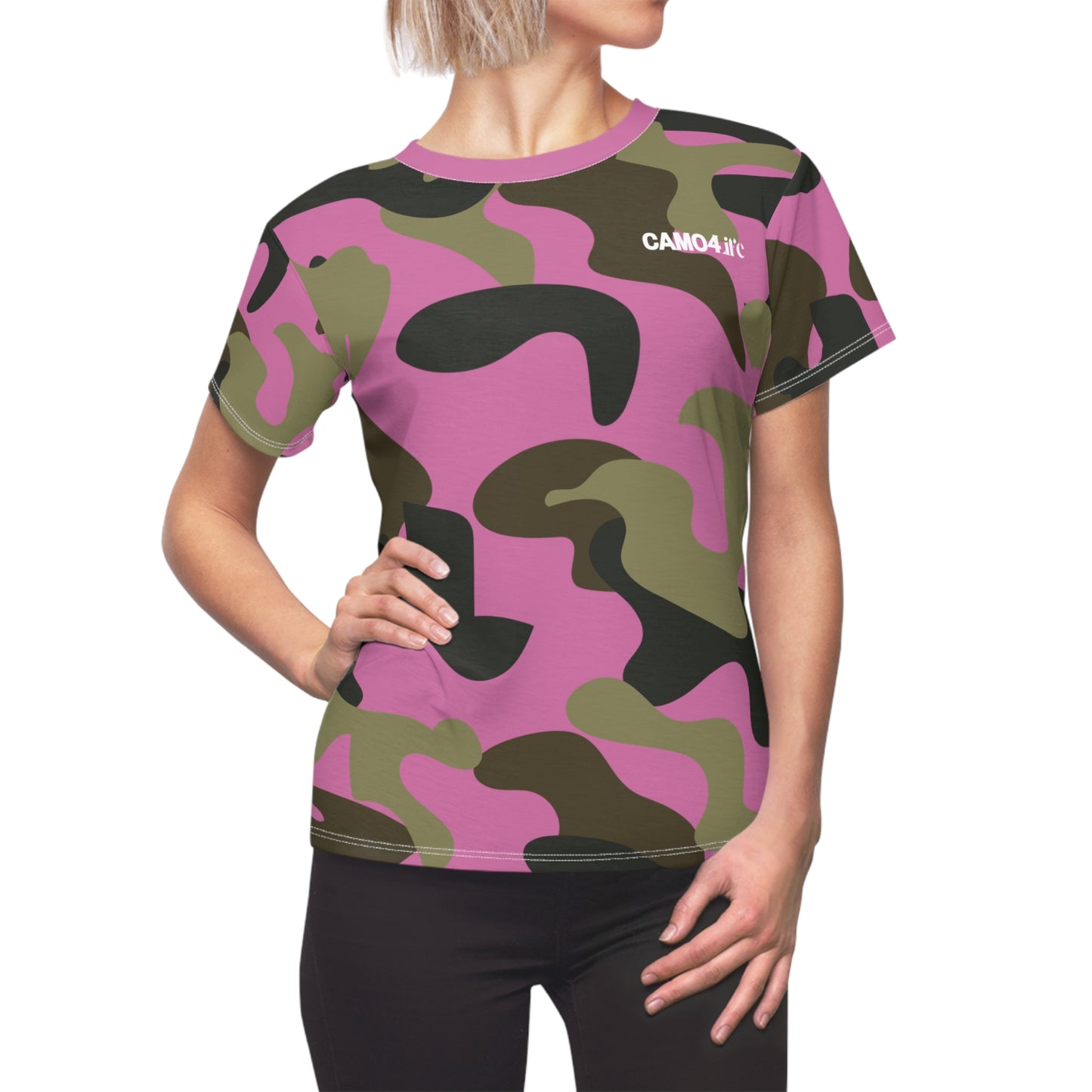 Women's Cut & Sew Tee - woodland Puzzle Piece Camo - Opt.2 Pink