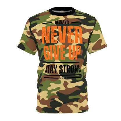 Never Give Up - Unisex Cut & Sew Tee - DPM Camo - Front