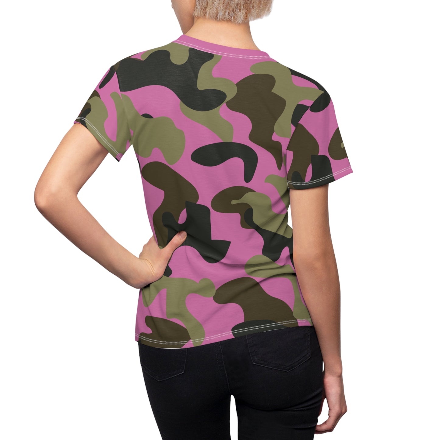 Women's Cut & Sew Tee - woodland Puzzle Piece Camo - Opt.2 Pink